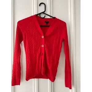 Talbots red cable knit v-neck cardigan button down lightweight cotton sweater SP